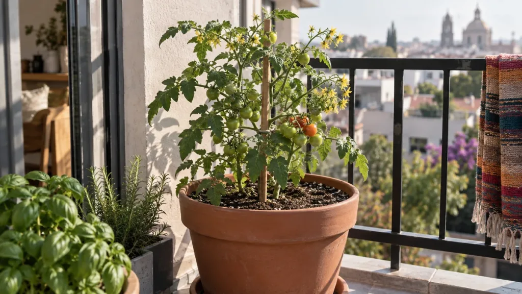 Planta de jitomate cherry con frutos verdes y maduros creciendo en una maceta con tutor en un balcón.