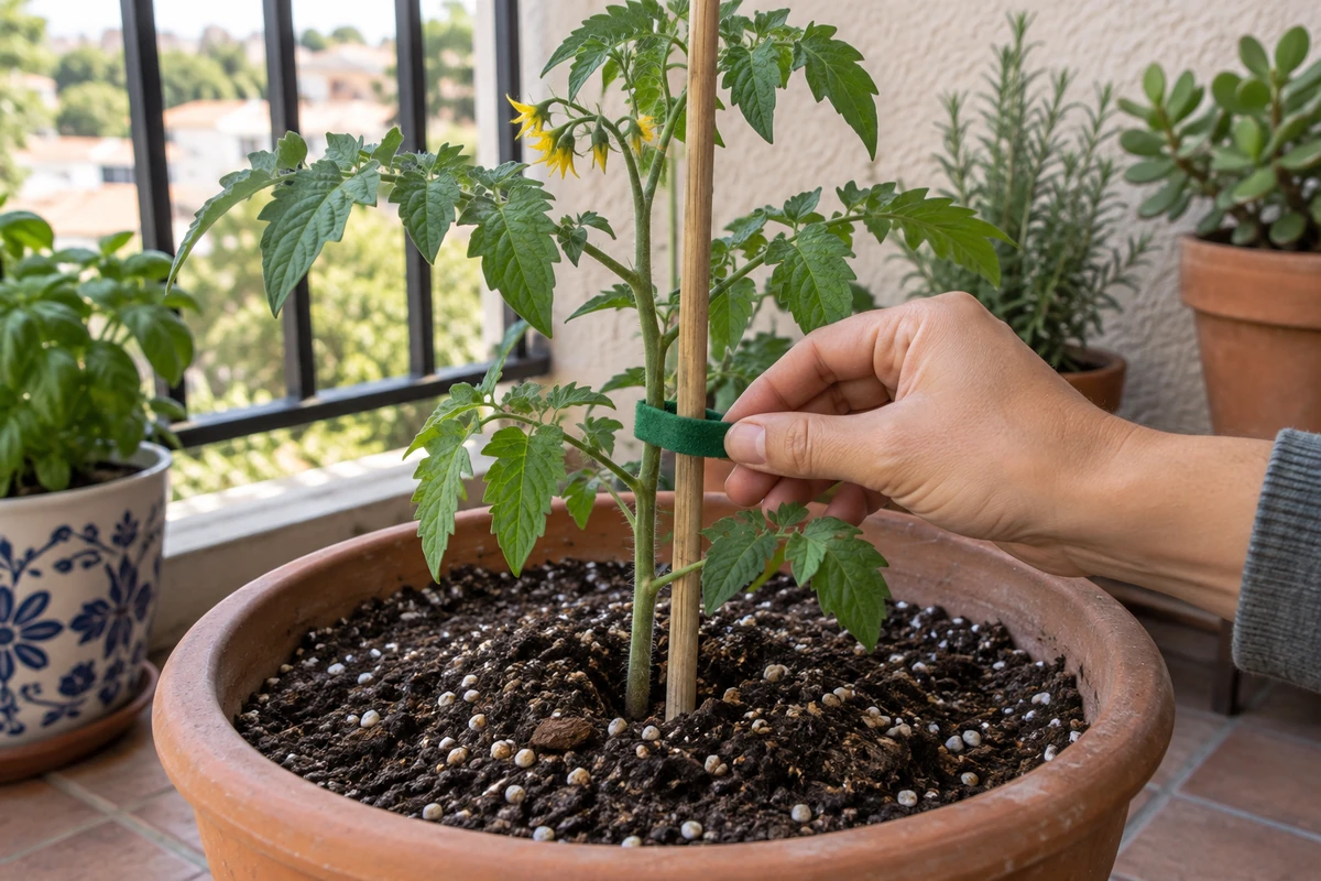 Mano sujetando una planta joven de jitomate cherry a un tutor de madera dentro de una maceta.