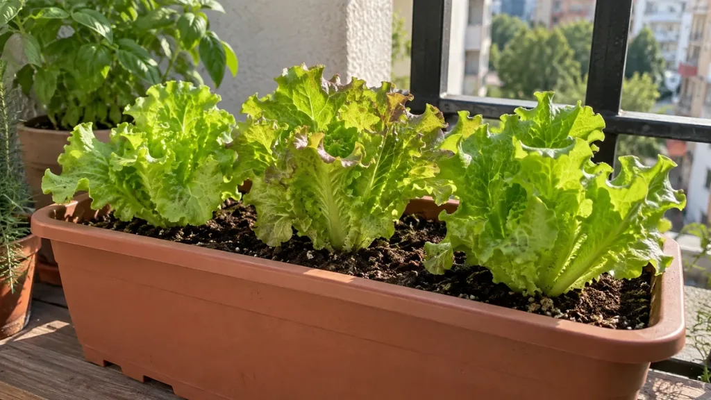Lechugas de hoja creciendo en una jardinera con drenaje dentro de un departamento