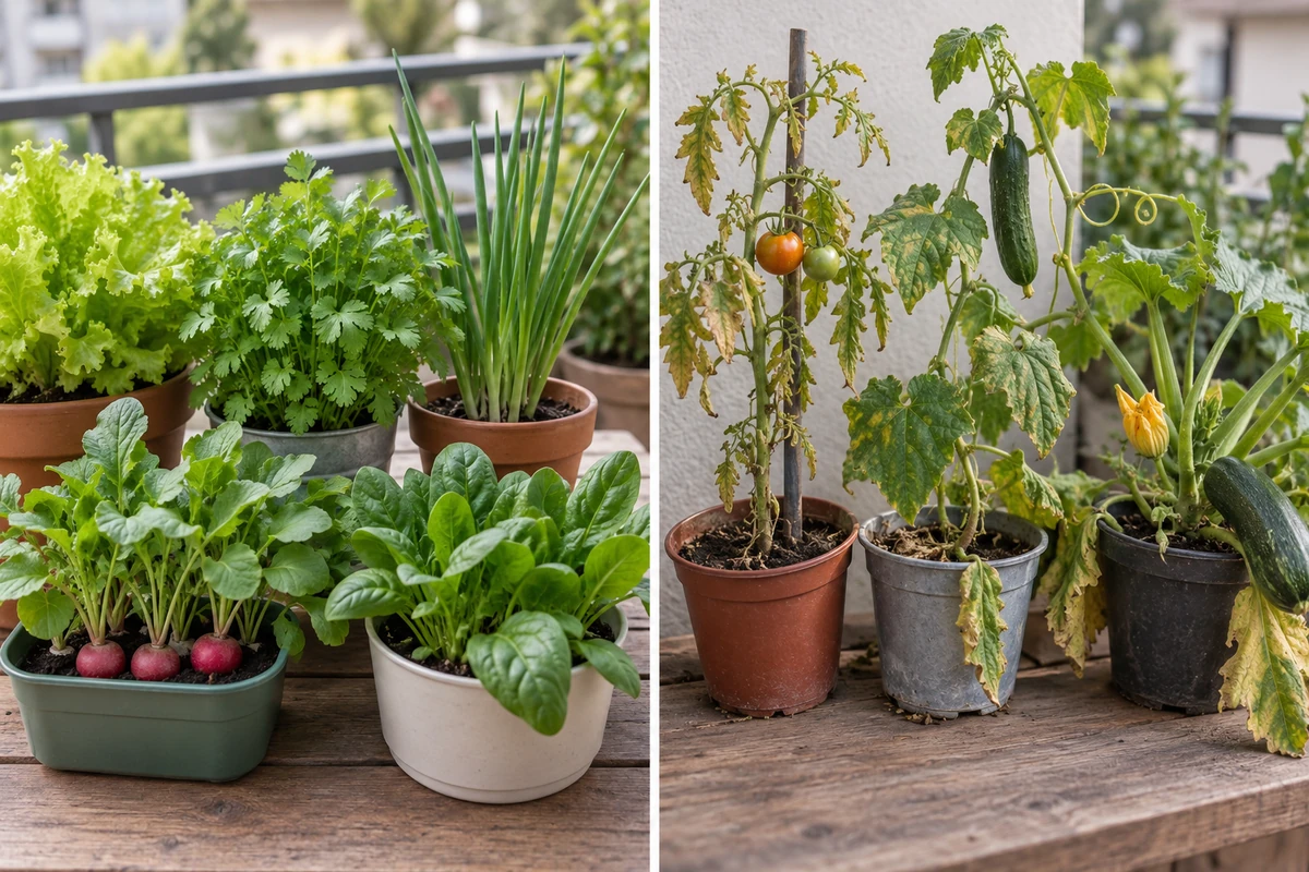 Lechuga y rábanos creciendo en recipientes compactos con drenaje