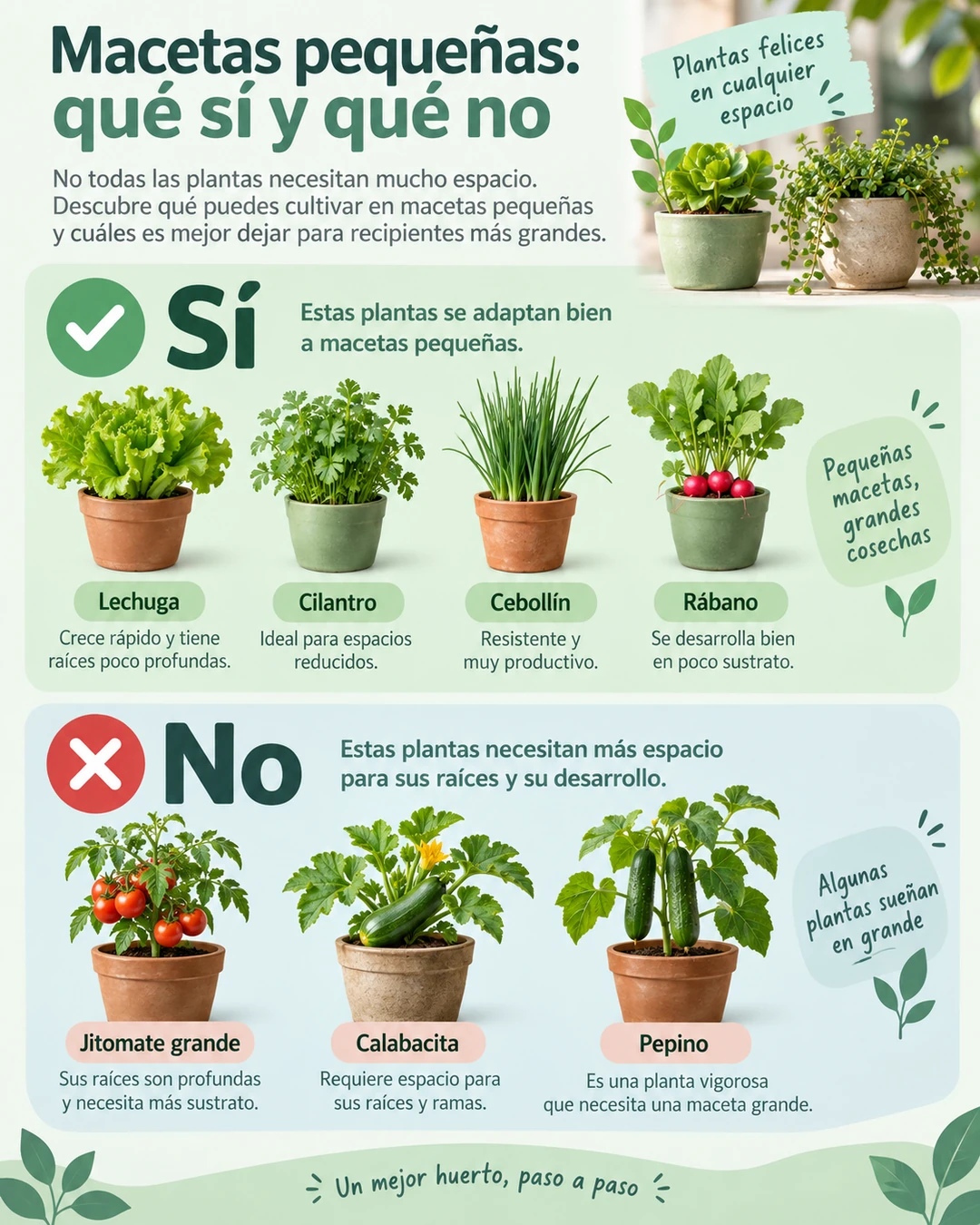 Comparación visual entre cultivos compactos y plantas que necesitan recipientes más grandes