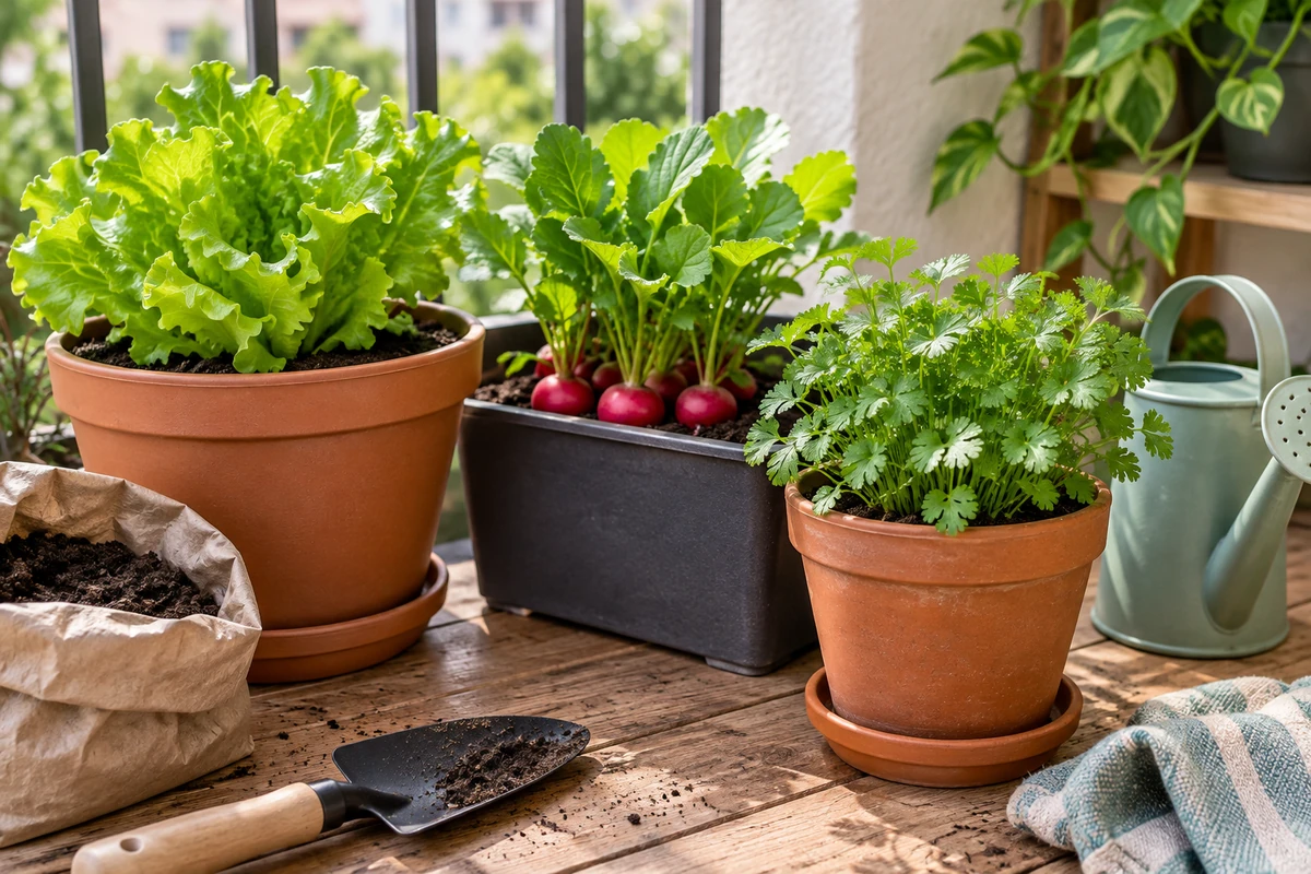 Vista superior de un plan simple de tres macetas con lechuga, rábano y cilantro