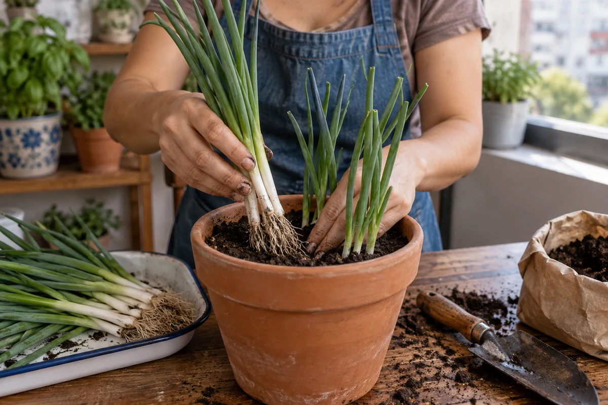 Persona plantando cebollín con base y raíces intactas en una maceta con drenaje