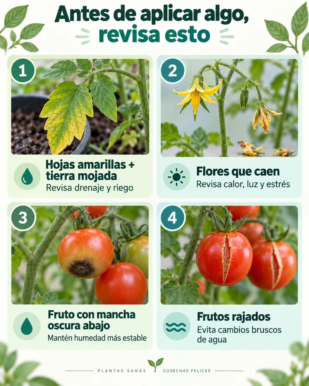 Infografía con señales para revisar hojas amarillas, caída de flores, manchas oscuras en frutos y jitomates rajados.