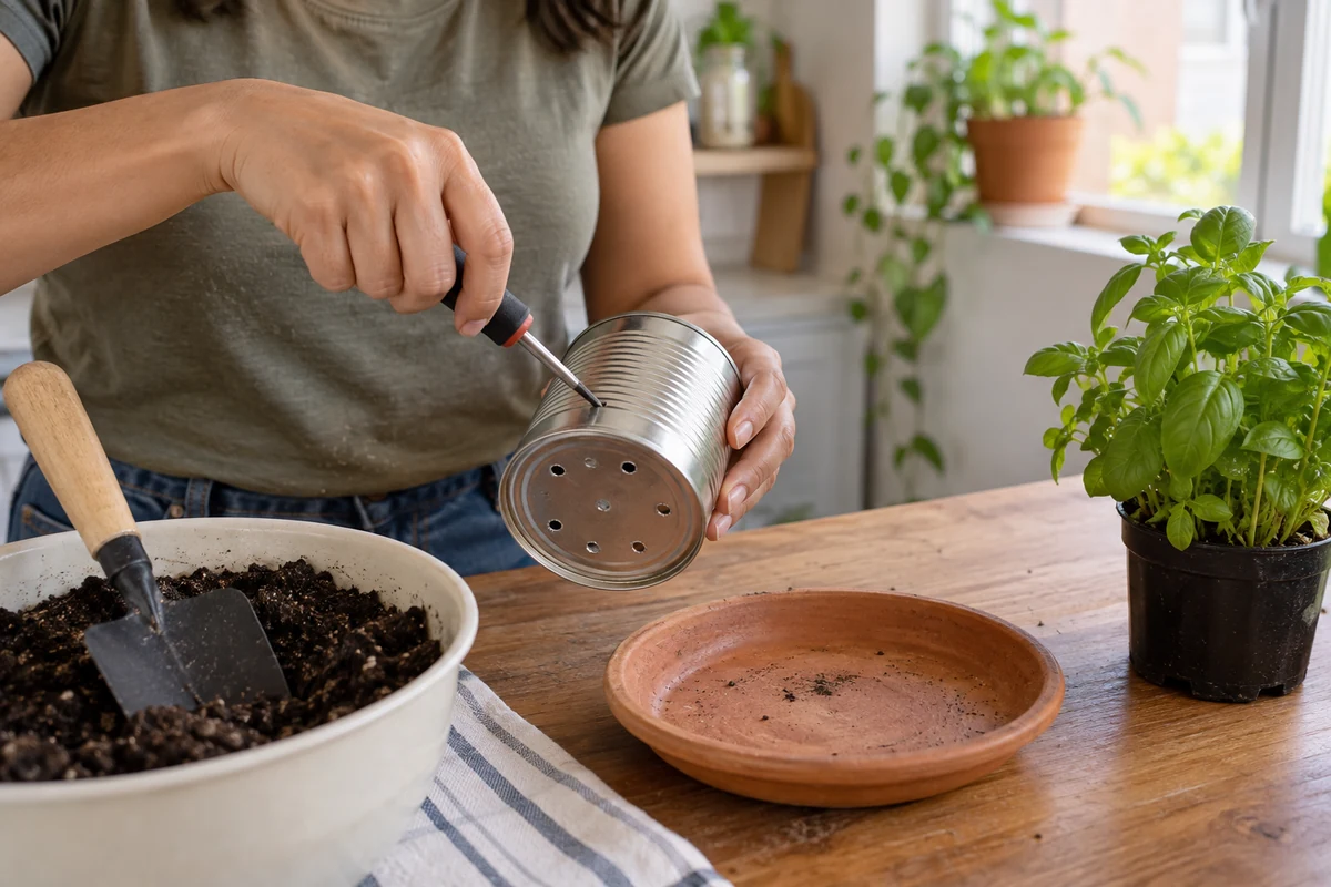 Persona preparando recipientes reutilizados con drenaje para una huerta casera