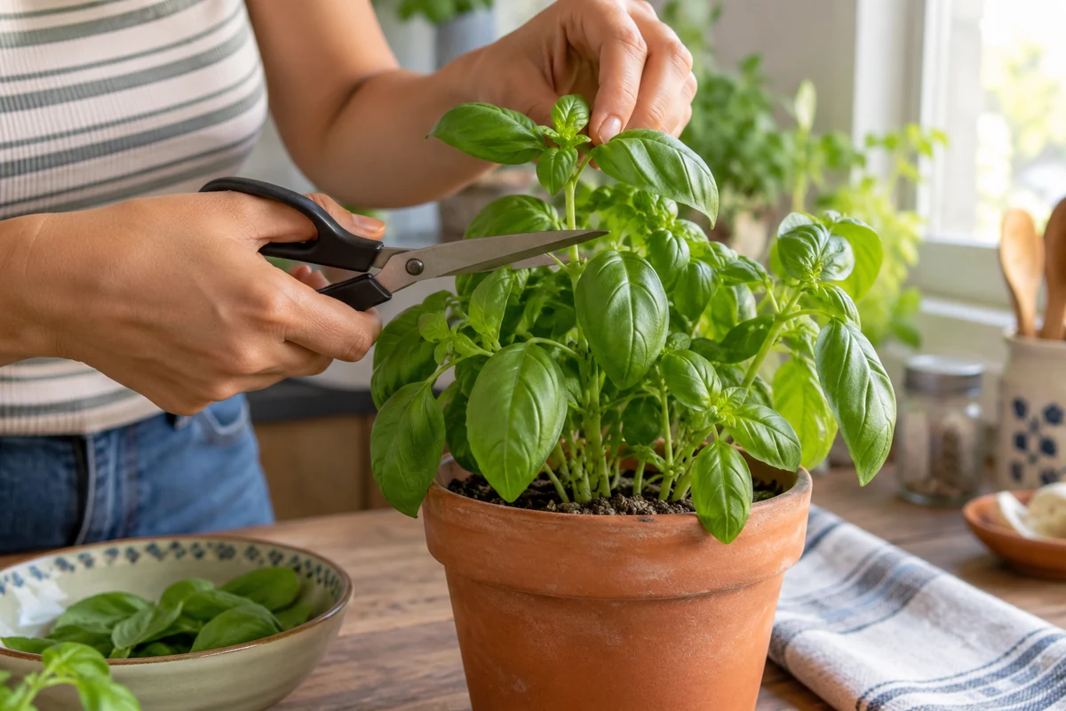 Cuándo cortar tus hierbas de olor sin debilitar la planta Persona revisando una planta de albahaca antes de cortar un tallo sobre un par de hojas