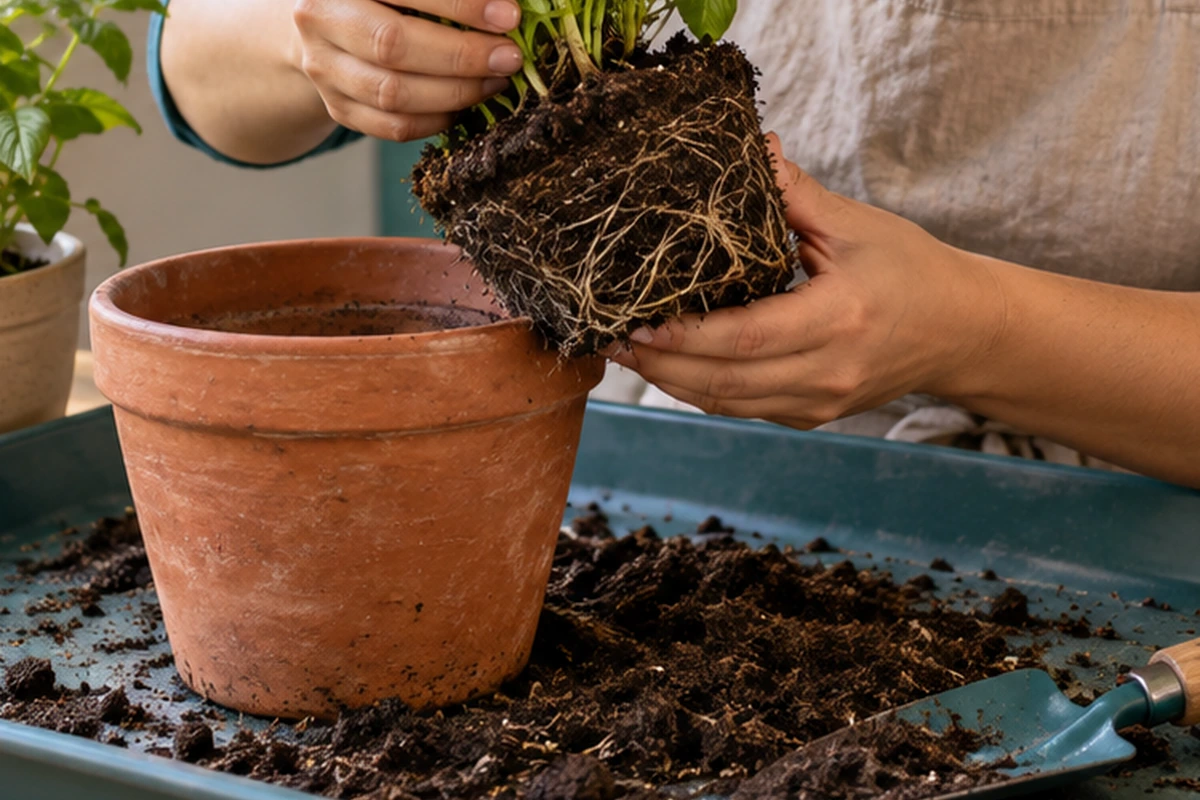Persona revisando si las raíces rodean el cepellón antes de cambiar la planta de maceta