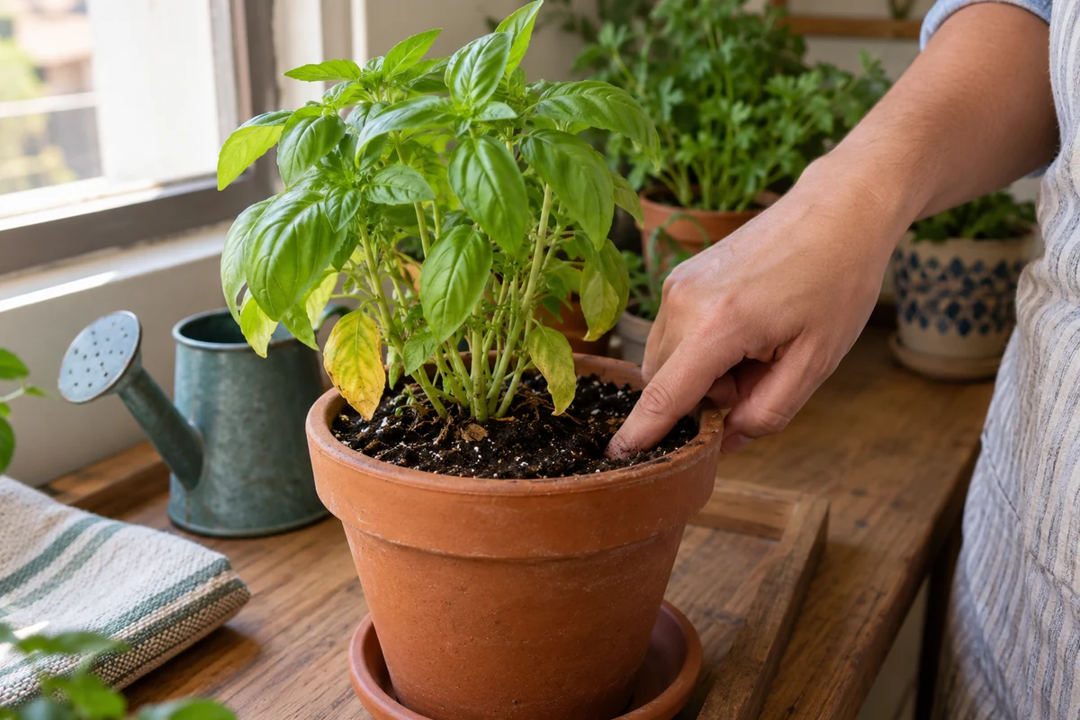 Persona revisando la humedad del sustrato de una planta con hojas amarillas
