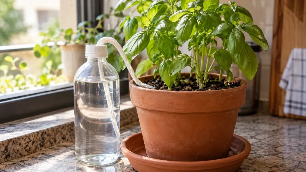 Maceta pequeña con una botella y cordón absorbente usados como sistema casero de riego lento