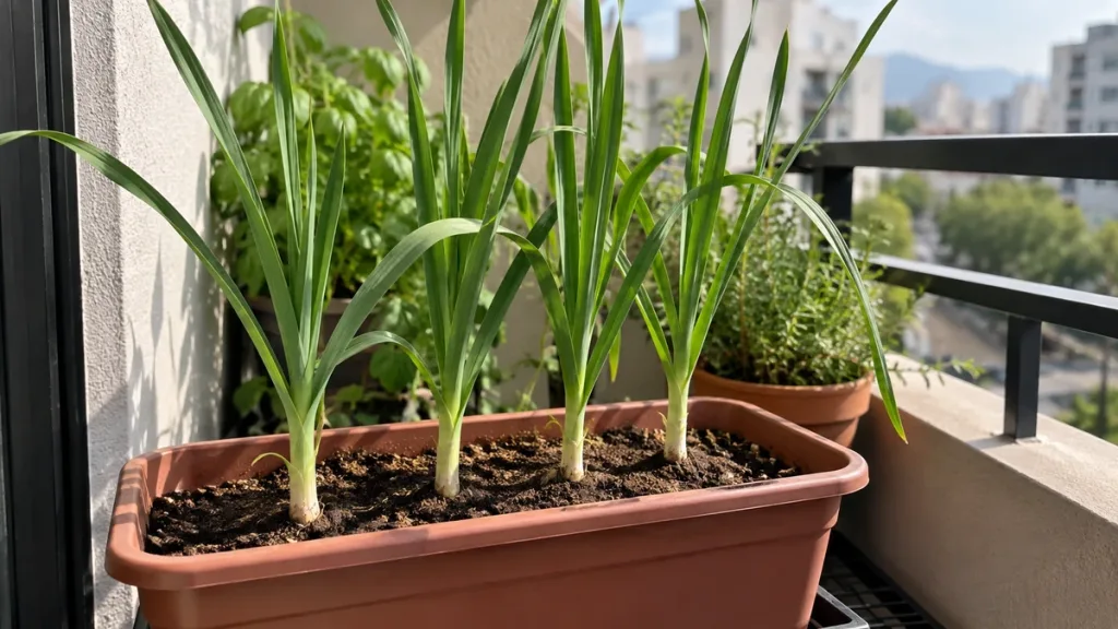 Plantas de ajo creciendo separadas en una maceta con drenaje y buena luz