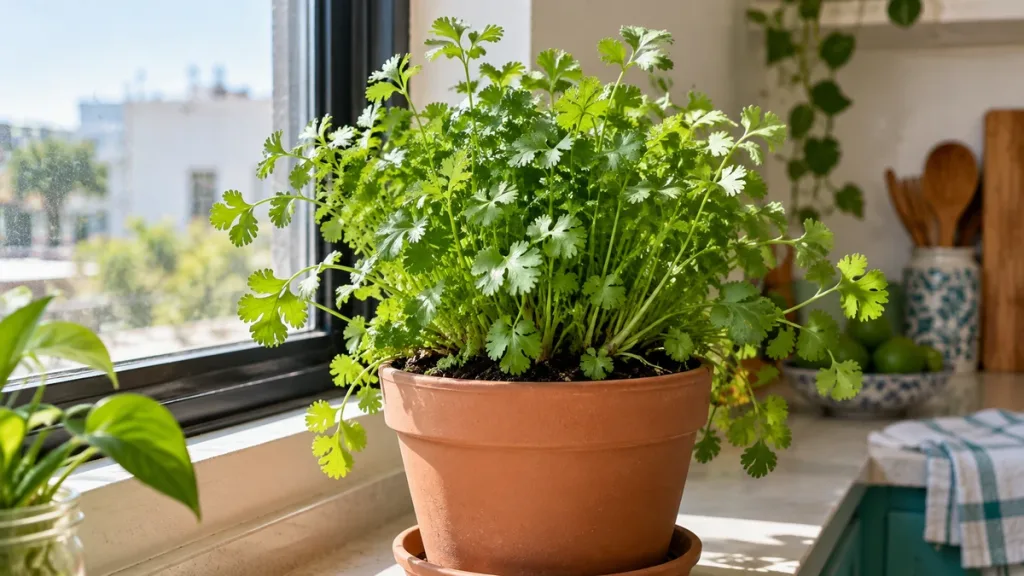 Cilantro joven creciendo en una maceta con drenaje junto a una ventana luminosa