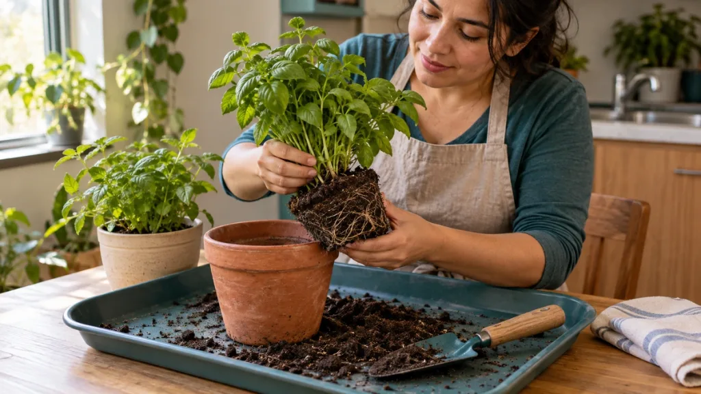 Persona trasplantando una planta en maceta sobre una superficie protegida dentro de casa