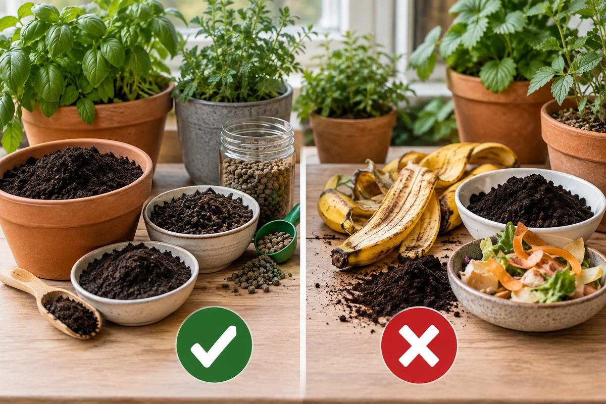Comparación visual entre materiales maduros para macetas y restos de cocina sin compostar
