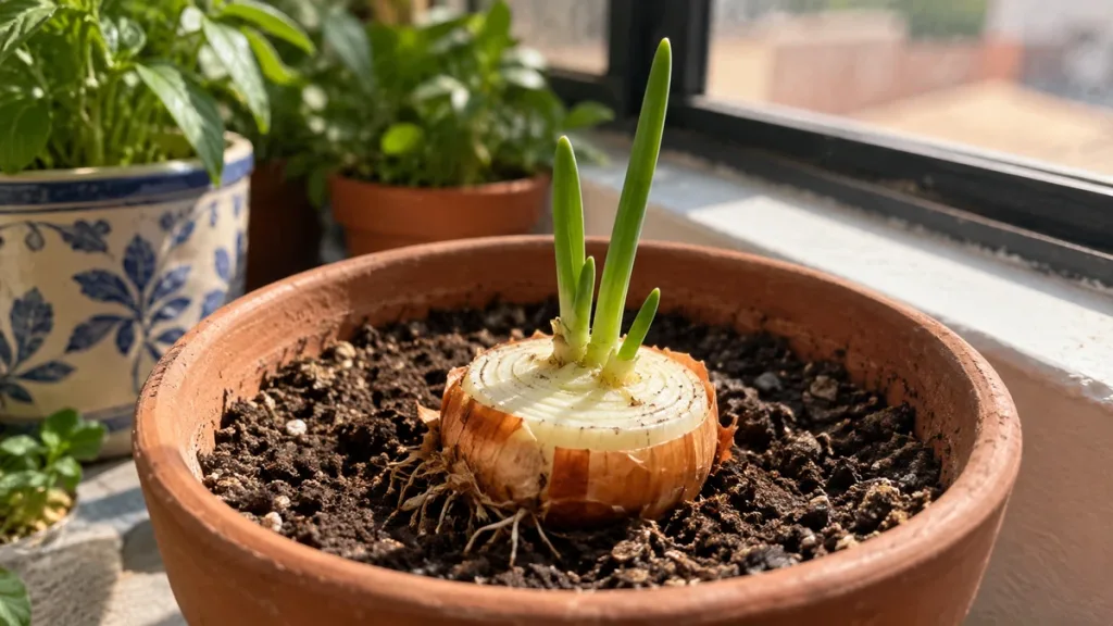 Base firme de cebolla con raíces y brotes nuevos lista para plantarse en una maceta