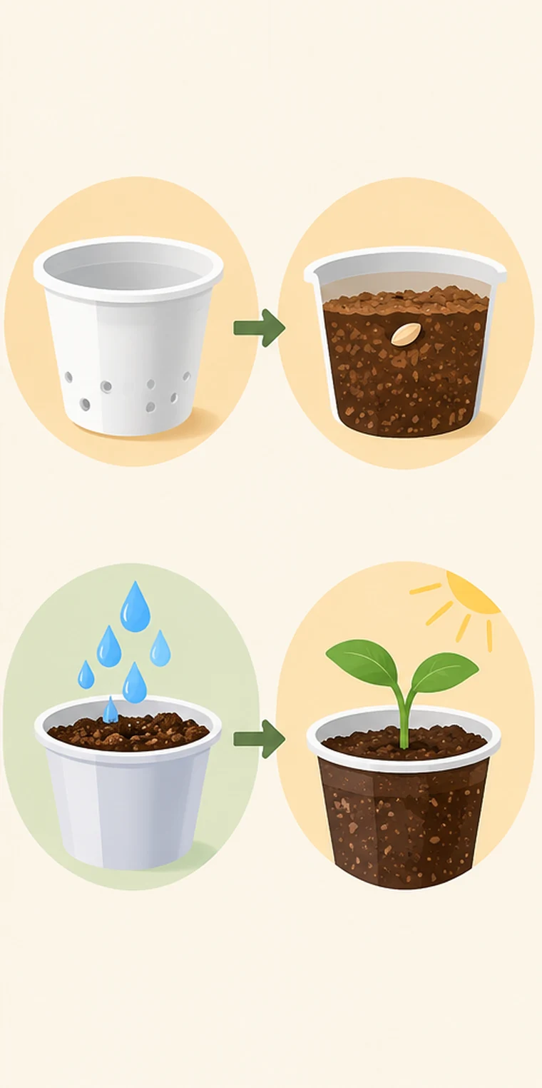 Guía visual de cuatro pasos para un semillero: preparar un recipiente con drenaje, sembrar, humedecer y esperar el brote.