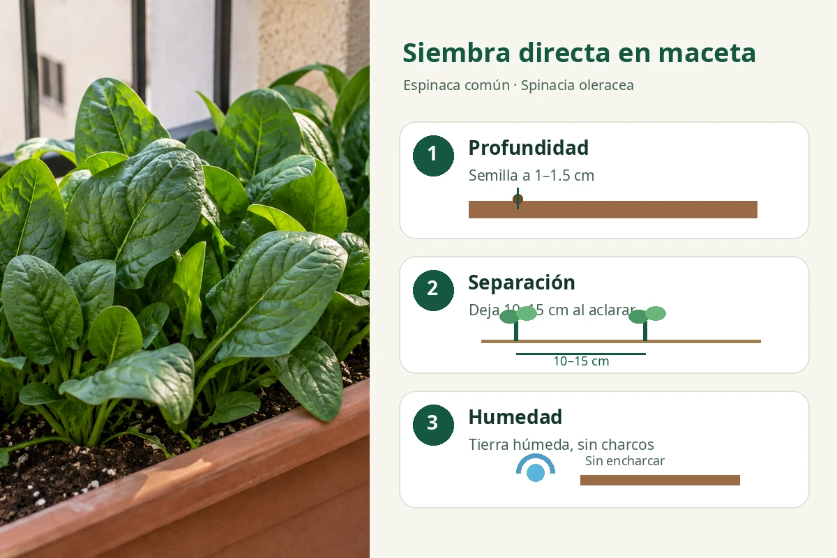 Guía visual de siembra directa de espinaca en maceta con profundidad de 1 a 1.5 centímetros, separación y humedad.