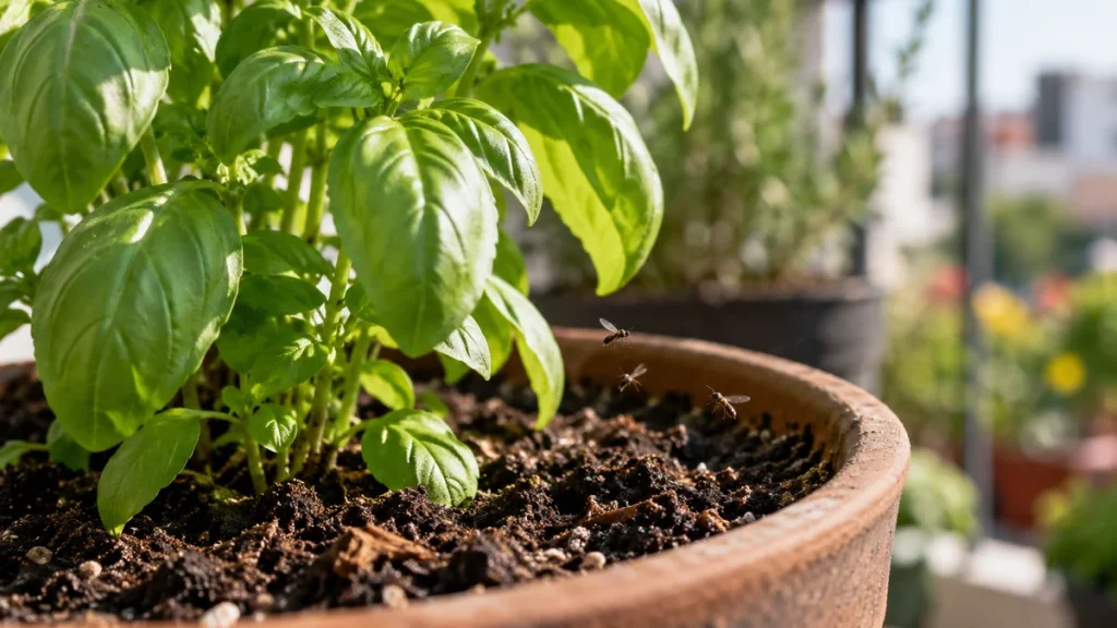 Mosquitas pequeñas volando cerca de la tierra húmeda de una maceta con albahaca en un balcón.